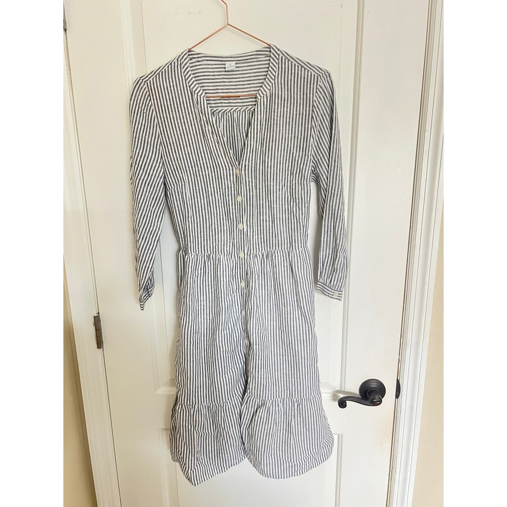 Old Navy Shirt Dress Womens XS Navy White Striped Linen Blend Tiered Ruffle Mini - Picture 4 of 8